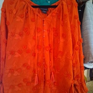 LIV LOS ANGELES Orange Embroidered Pom-Pom Tunic Top